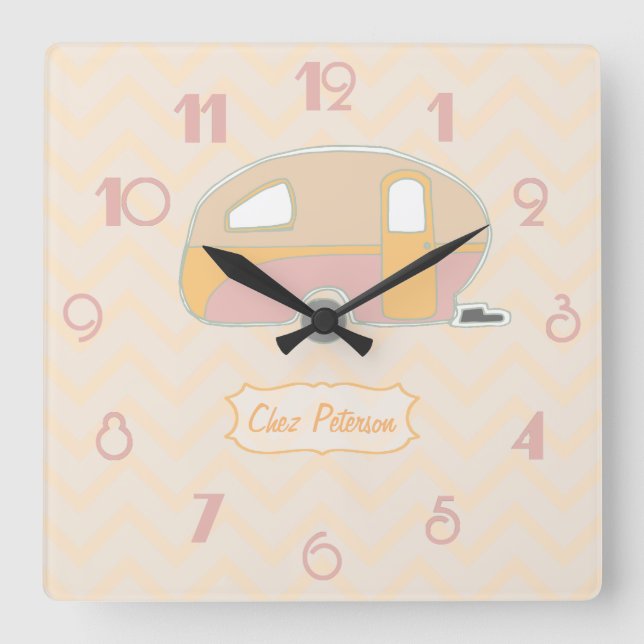 Personalised Retro Vintage Caravan Design Square Wall Clock (Front)