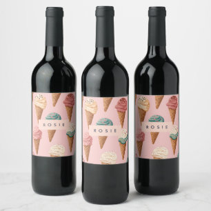 Personalised Retro Vintage Ice Cream Cone Pattern Wine Label