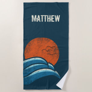 Personalised Retro Waves and Sun Surf Style Beach Towel