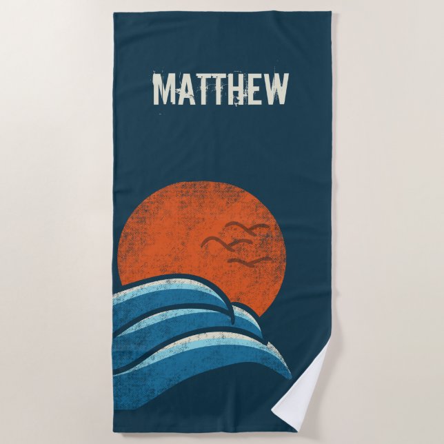 Personalised Retro Waves and Sun Surf Style Beach Towel (Front)