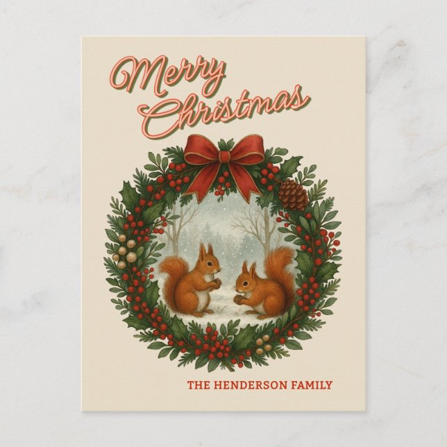 Personalised Retro Wreath With Cute Squirrels Holiday Postcard (Front)