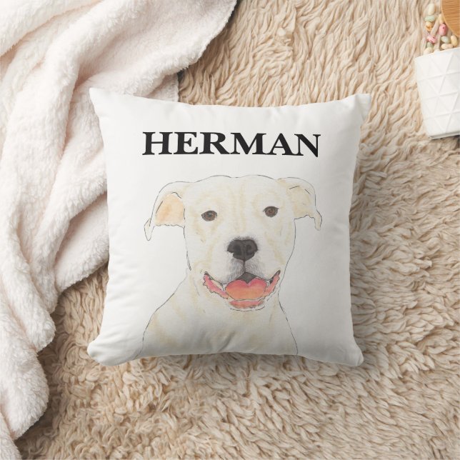 Personalised Reversible White Pitbull Staffy Dog Cushion (Blanket)