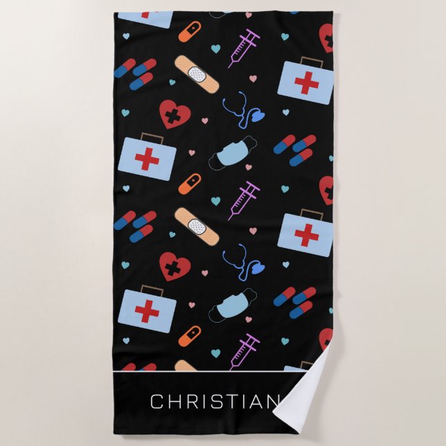 Personalised RN Nurse | Doctor Medical Pattern Beach Towel (Front)