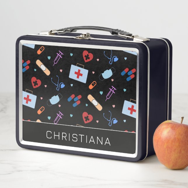 Personalised RN Nurse | Doctor Medical Pattern Metal Lunch Box (In Situ)