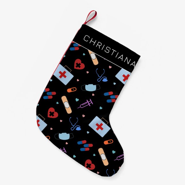 Personalised RN Nurse | Doctor Medical Pattern Small Christmas Stocking (Front (Hanging))
