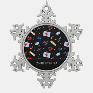 Personalised RN Nurse   Doctor Medical Pattern Snowflake Pewter Christmas Ornament