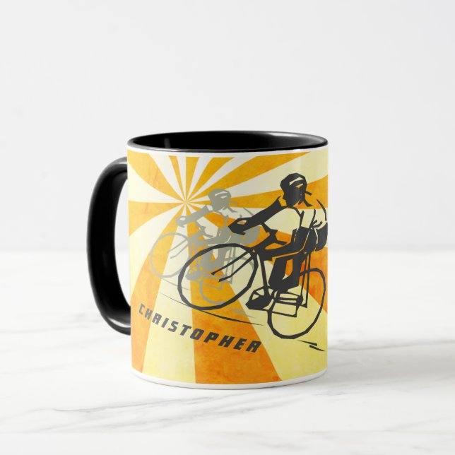 Personalised Road Cyclist and Retro Sunburst Bike Mug (Front Left)