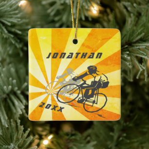 Personalised Road Cyclist Retro Bike Christmas Ceramic Ornament
