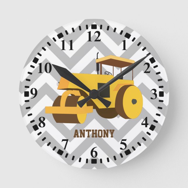 Personalised Road Roller Construction Truck Round Clock (Front)