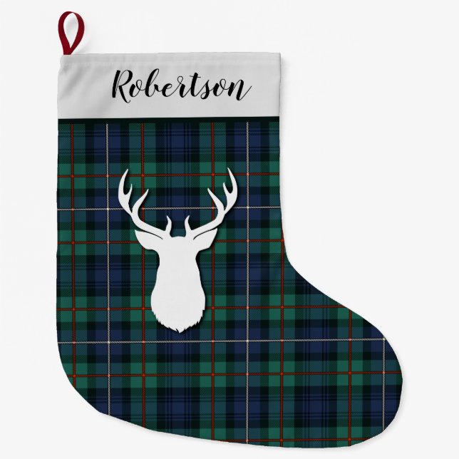 Personalised Robertson Tartan Green Purple Plaid Large Christmas Stocking (Front)