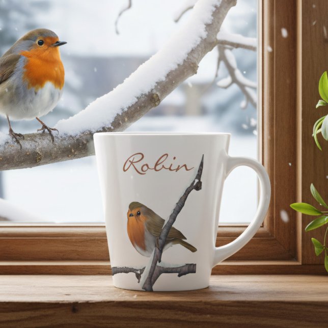 Personalised Robin Bird on Winter Branch Latte Mug (A festive robin sits on a snowy branch waiting for you to add your name)
