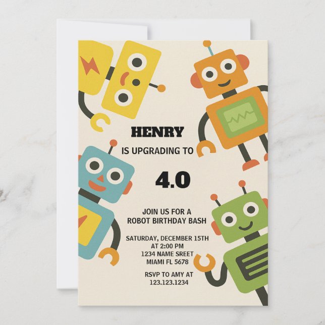 Personalised Robot Birthday Invitation for Kids (Front)