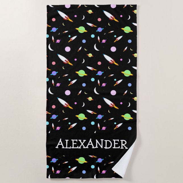Personalised Rockets Planets Moons Stars Space Beach Towel (Front)