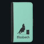 Personalised Rodeo Theme Cowgirl Barrel Racer Samsung Galaxy S5 Wallet Case<br><div class="desc">Silhouette of an athletic cowgirl barrel racing with her horse. Exciting rodeo action illustration. Background is a mint green colour. Great for rodeo fans and horse lovers. Personalise with a name.</div>