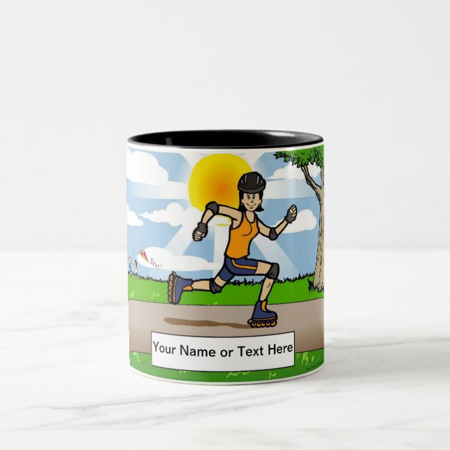 Personalised Rollerblading - Female Cartoon Two-Tone Coffee Mug (Center)