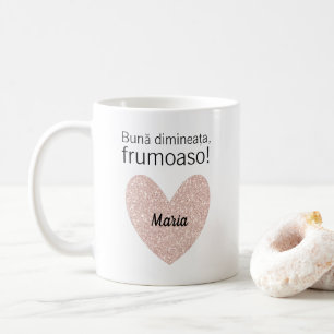 Personalised Romanian Greeting and Rose Gold Heart Coffee Mug