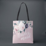 Personalised romantic blush floral bridesmaid tote bag<br><div class="desc">Watercolor botanical floral and greenery in soft blush pink,  green and navy,   with bridesmaid script and custom name on the back,  elegant and romantic,   great personalised gifts for bridesmaid.</div>