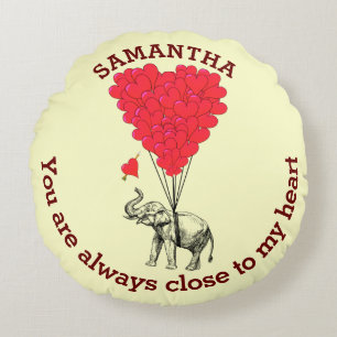 Personalised romantic elephant and red heart round cushion