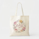 Personalised romantic garden floral bridesmaid tote bag<br><div class="desc">Modern bridesmaid script with watercolor floral wreath in muted pastel yellow,  peach and mauve,  cute personalised Bridesmaid tote bags for bridal party gifts.</div>