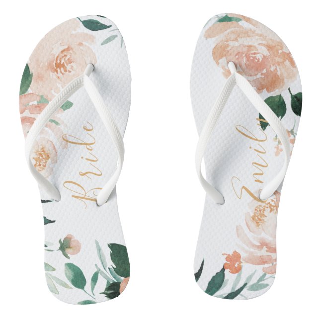 Personalised Romantic garden peach floral bride Thongs (Footbed)