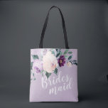 Personalised romantic purple floral bridesmaid tote bag<br><div class="desc">Watercolor botanical floral and greenery in soft blush,  peach and purple,  green and navy,   with bridesmaid script and custom name on the back,  elegant and romantic,   great personalised gifts for bridesmaid.</div>