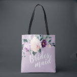Personalised romantic purple floral bridesmaid tote bag<br><div class="desc">Watercolor botanical floral and greenery in soft blush,  peach and purple,  green and navy,   with bridesmaid script and custom name on the back,  elegant and romantic,   great personalised gifts for bridesmaid.</div>