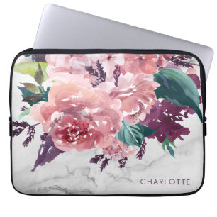 Personalised Romantic Vintage Pink Floral Marble Laptop Sleeve
