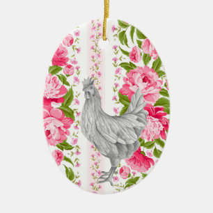 Personalised Rooster and Pink Flowers Chicken Farm Ceramic Ornament