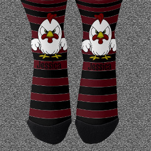 Personalised Rooster on Crimson and Black Stripes Socks