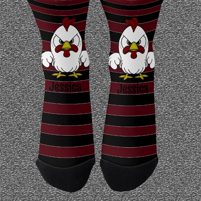 Personalised Rooster on Crimson and Black Stripes Socks (Creator Uploaded)