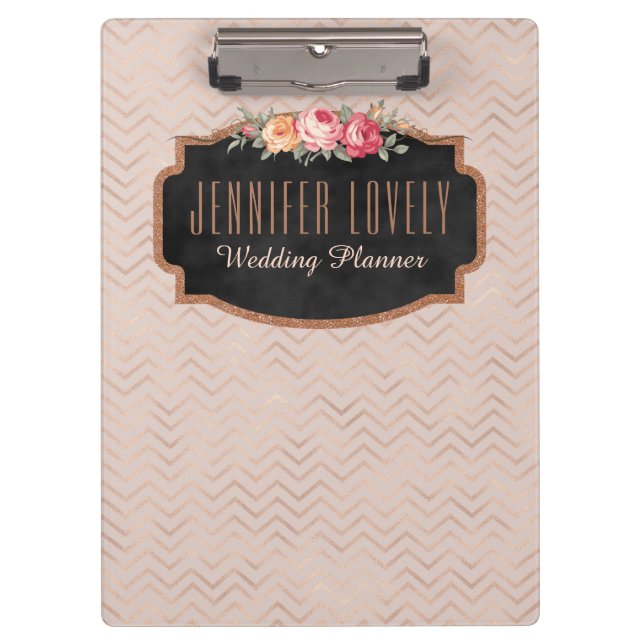 Personalised Rose Gold Chevron Stripes Floral Clipboard (Front)