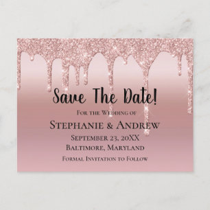 Personalised Rose Gold Dripping Glitter Blush Pink Announcement Postcard