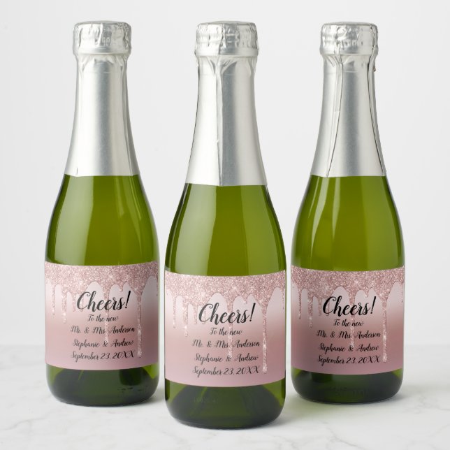 Personalised Rose Gold Dripping Glitter Mini Sparkling Wine Label (Bottles)