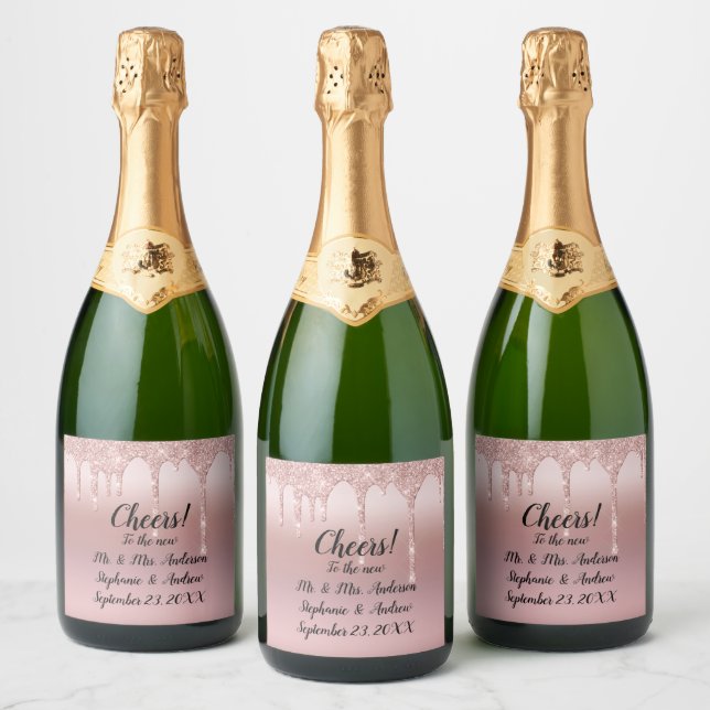 Personalised Rose Gold Dripping Glitter Sparkling Wine Label (Bottles)