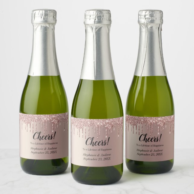 Personalised Rose Gold Dripping Glitter Wedding  Sparkling Wine Label (Bottles)