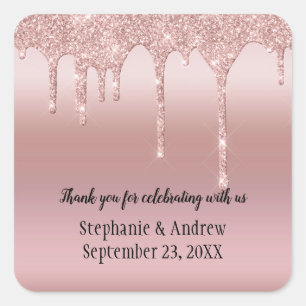 Personalised Rose Gold Dripping Glitter Wedding  Square Sticker