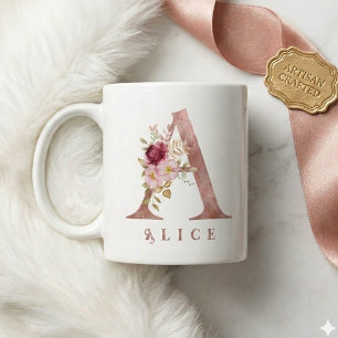 Personalised Rose Gold Floral Letter A Monogram Coffee Mug