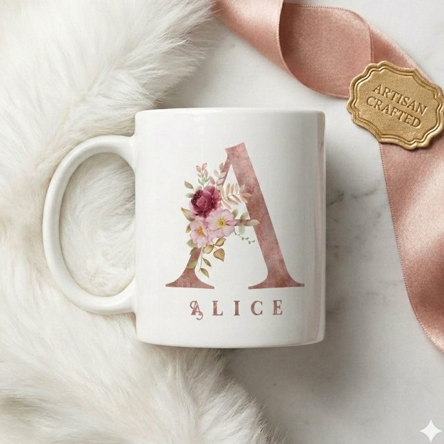 Personalised Rose Gold Floral Letter A Monogram Coffee Mug (Creator Uploaded)