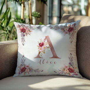 Personalised Rose Gold Floral Letter A Monogram Cushion