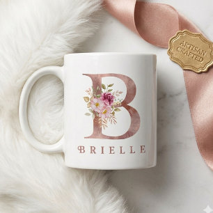 Personalised Rose Gold Floral Letter B Monogram Coffee Mug