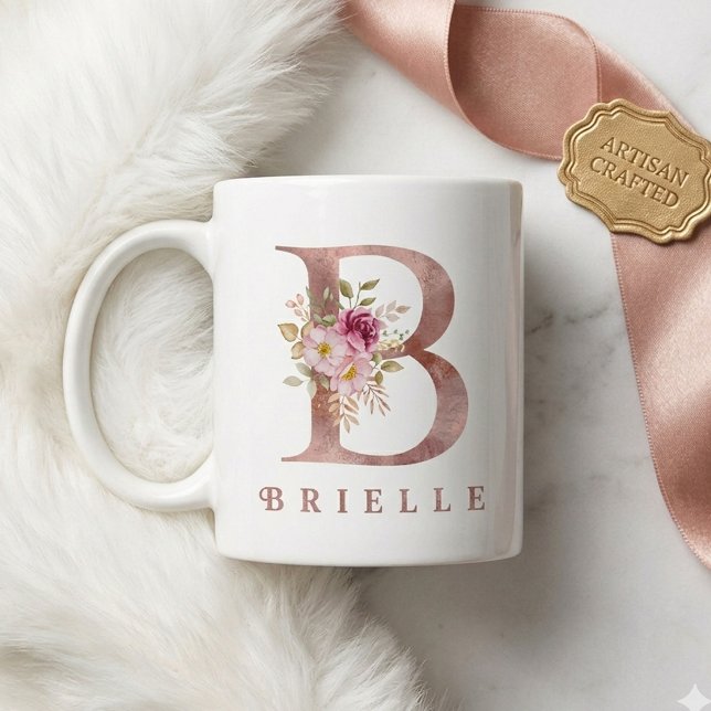 Personalised Rose Gold Floral Letter B Monogram Coffee Mug (Creator Uploaded)