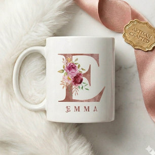 Personalised Rose Gold Floral Letter E Monogram Coffee Mug