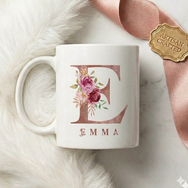Personalised Rose Gold Floral Letter E Monogram Coffee Mug (Creator Uploaded)