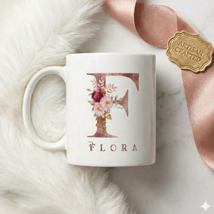 Personalised Rose Gold Floral Letter F Monogram Coffee Mug