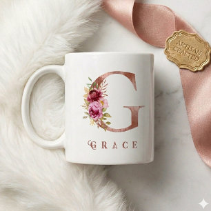 Personalised Rose Gold Floral Letter G Monogram Coffee Mug