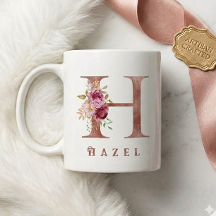 Personalised Rose Gold Floral Letter H Monogram Coffee Mug