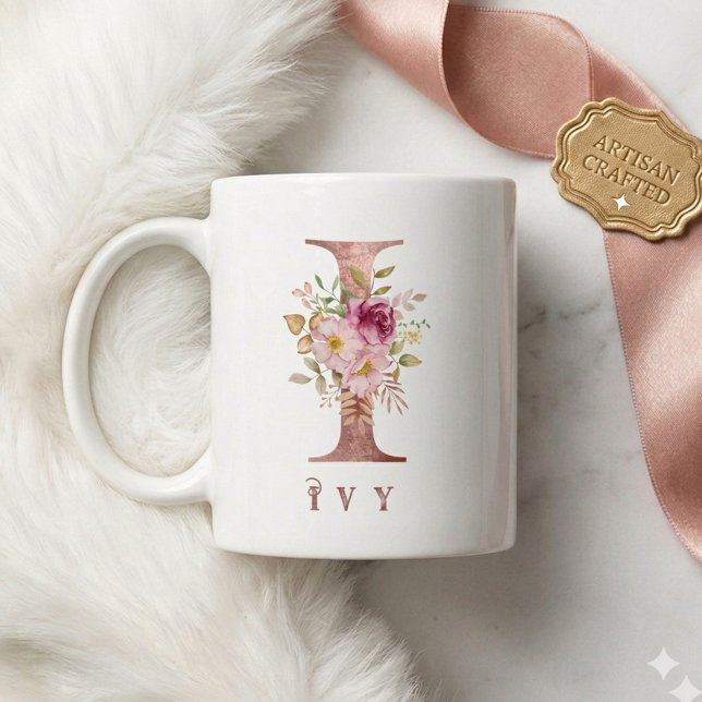 Personalised Rose Gold Floral Letter I Monogram Coffee Mug (Creator Uploaded)