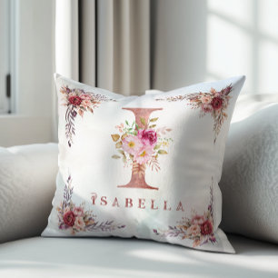 Personalised Rose Gold Floral Letter I Monogram Cushion