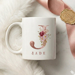 Personalised Rose Gold Floral Letter J Monogram Coffee Mug