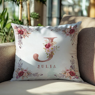Personalised Rose Gold Floral Letter J Monogram  Cushion